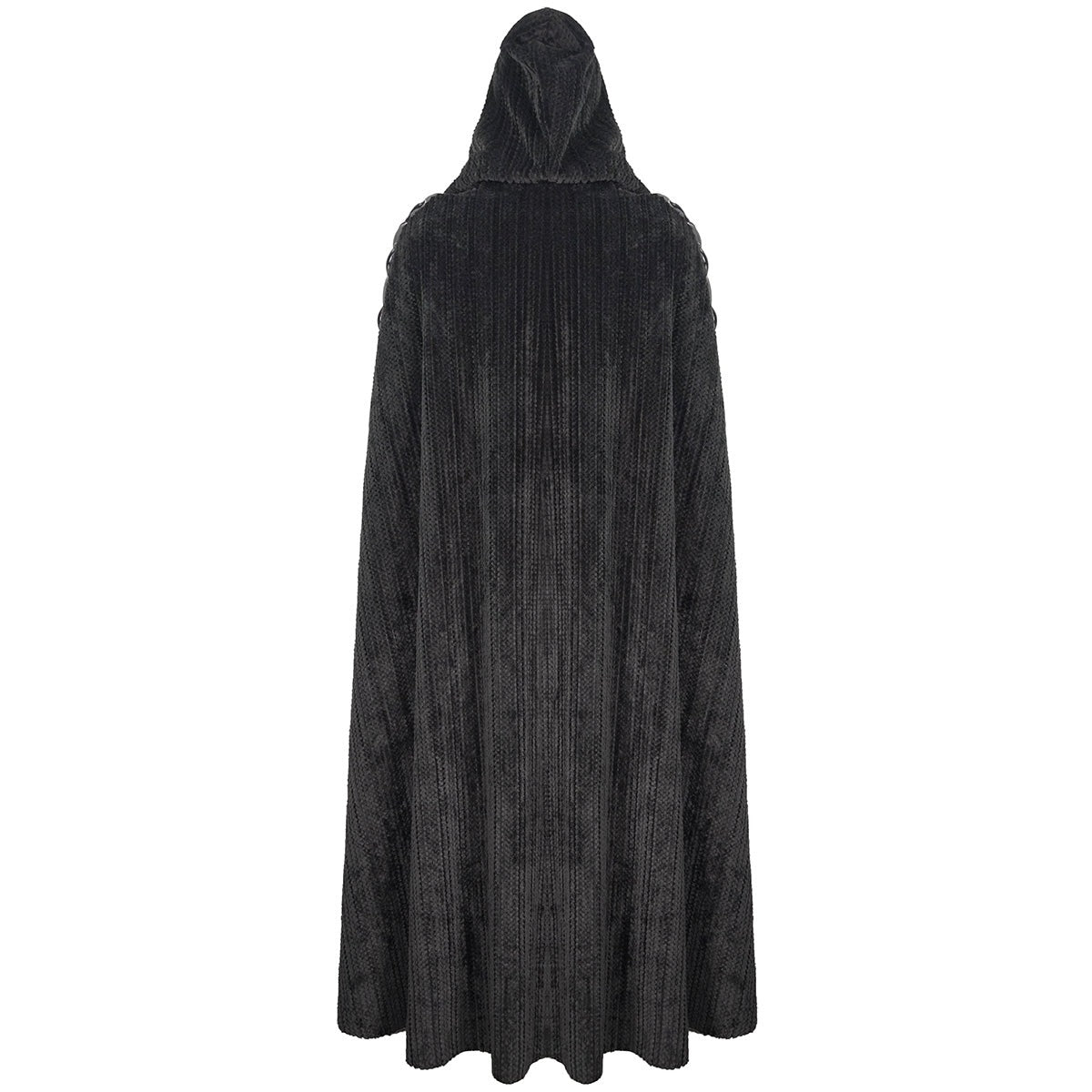 Black hooded cloak with ribbed texture, shown from behind, full length | Chaps London
