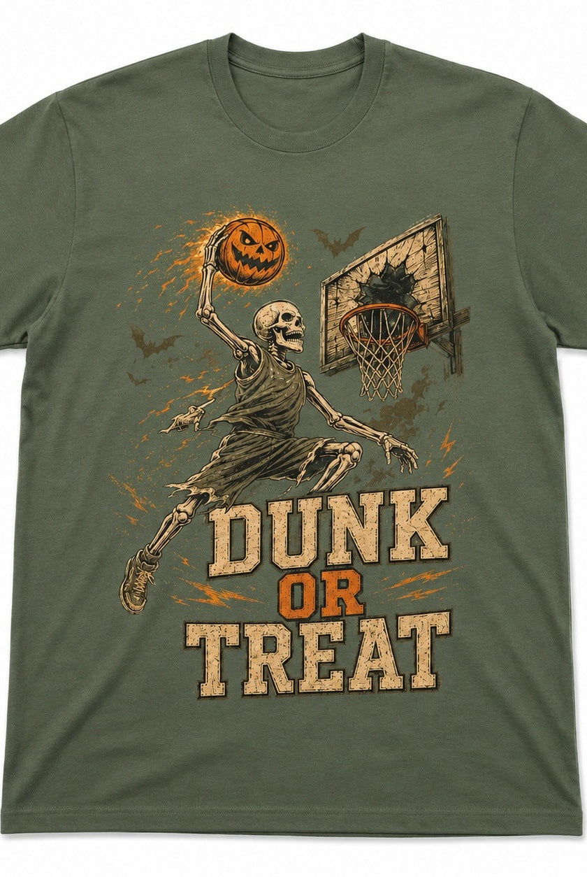 Olive green t-shirt with skeleton basketball Halloween graphic, flat lay | Chaps London