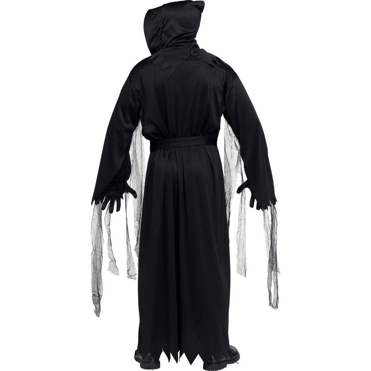 Black hooded robe costume with tattered sleeves, shown on mannequin from behind | Chaps London