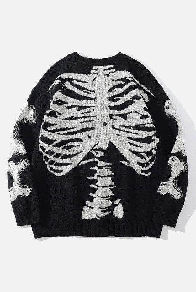 Black knit sweater with white skeleton ribcage design, flat lay view | Chaps London