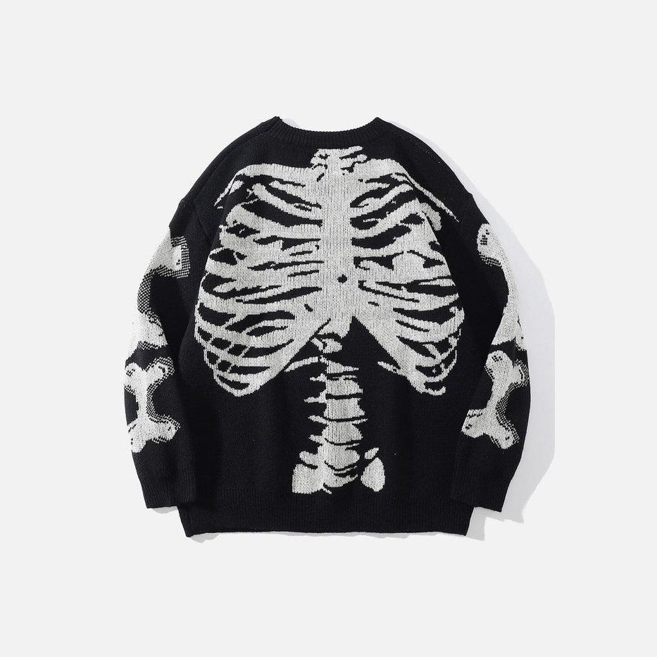 Black knit sweater with white skeleton ribcage design, flat lay view | Chaps London