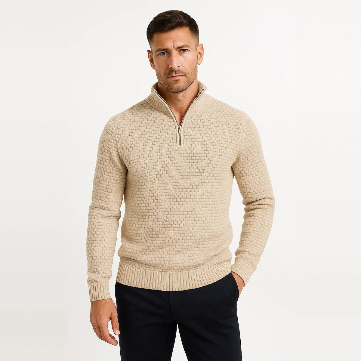 Man wearing beige waffle knit quarter zip jumper with navy trousers | Chaps London