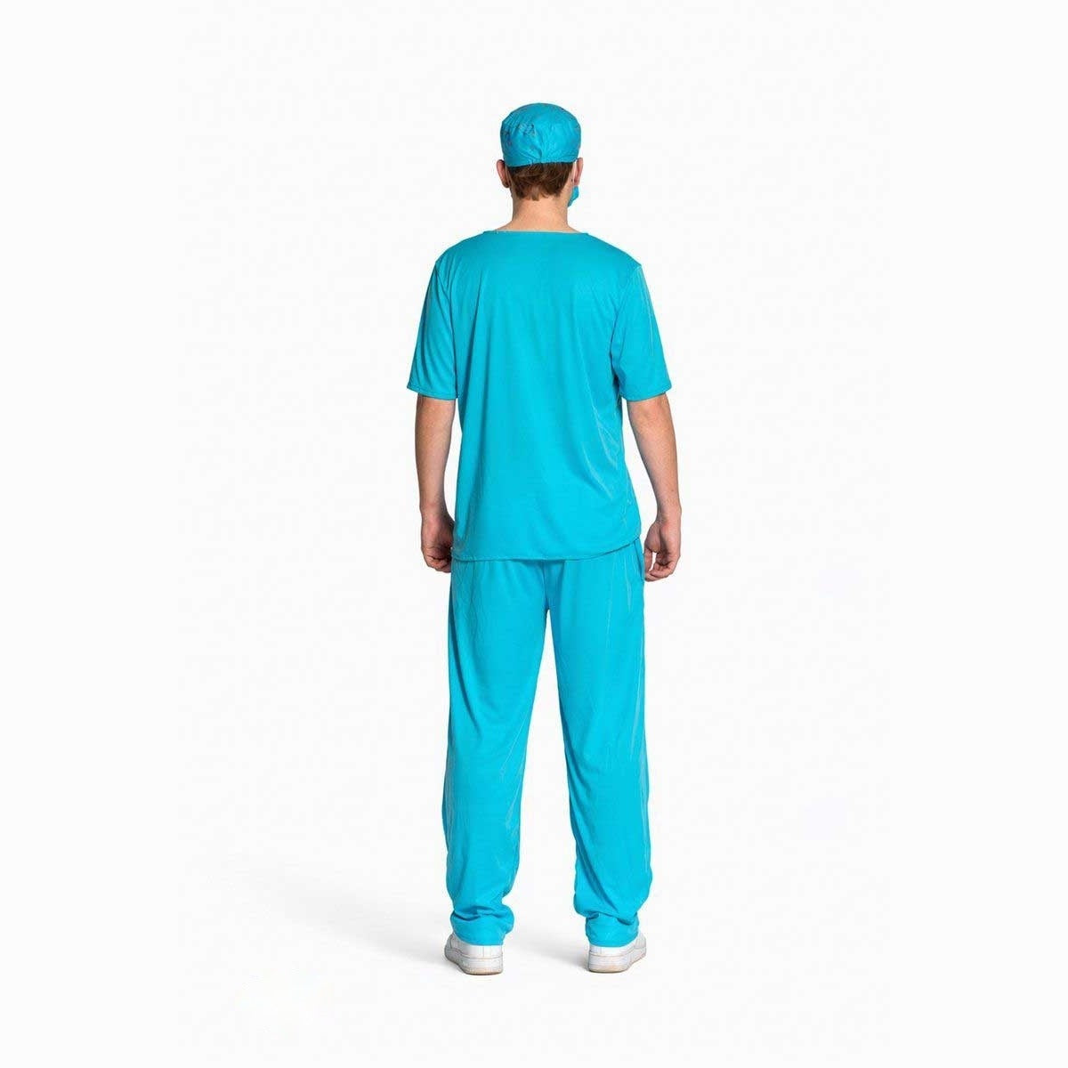 Man wearing teal scrub costume with cap, shown from behind, standing | Chaps London