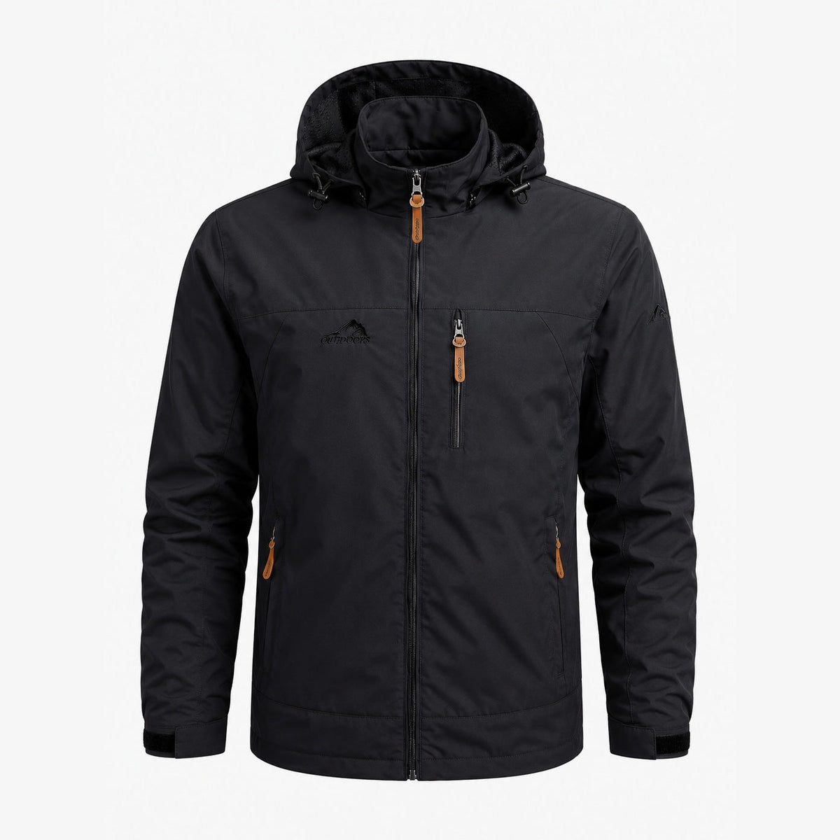 Black hooded zip-up jacket with adjustable cuffs, shown flat on background | Chaps London