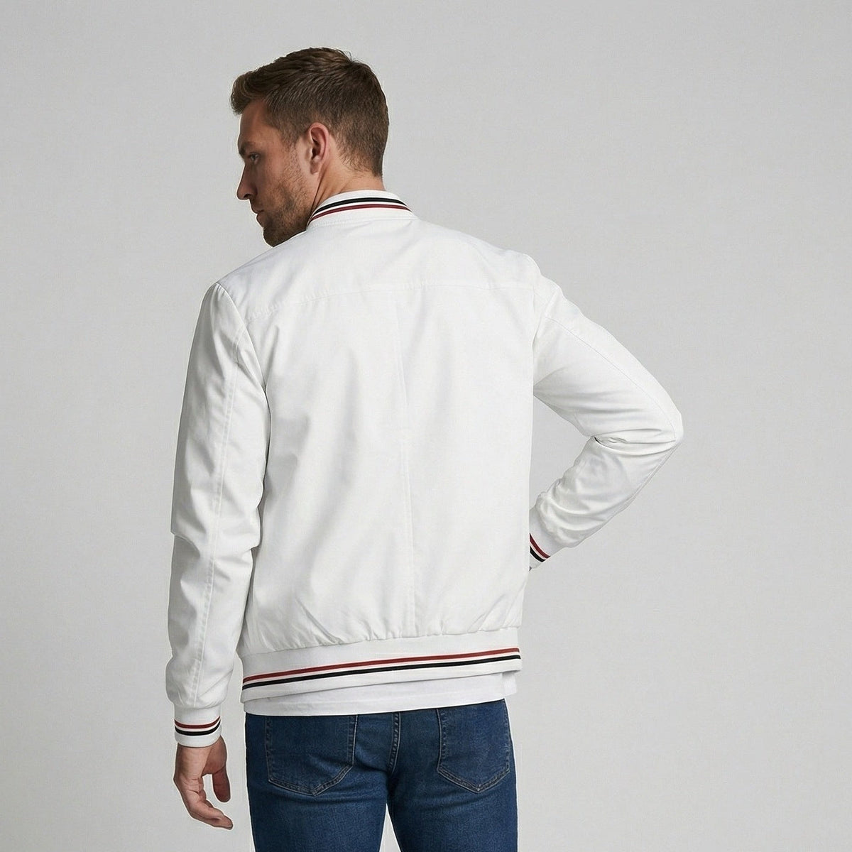 Men's Bomber Jacket | Striped Rib Trim | Stand Collar | Water Repellent
