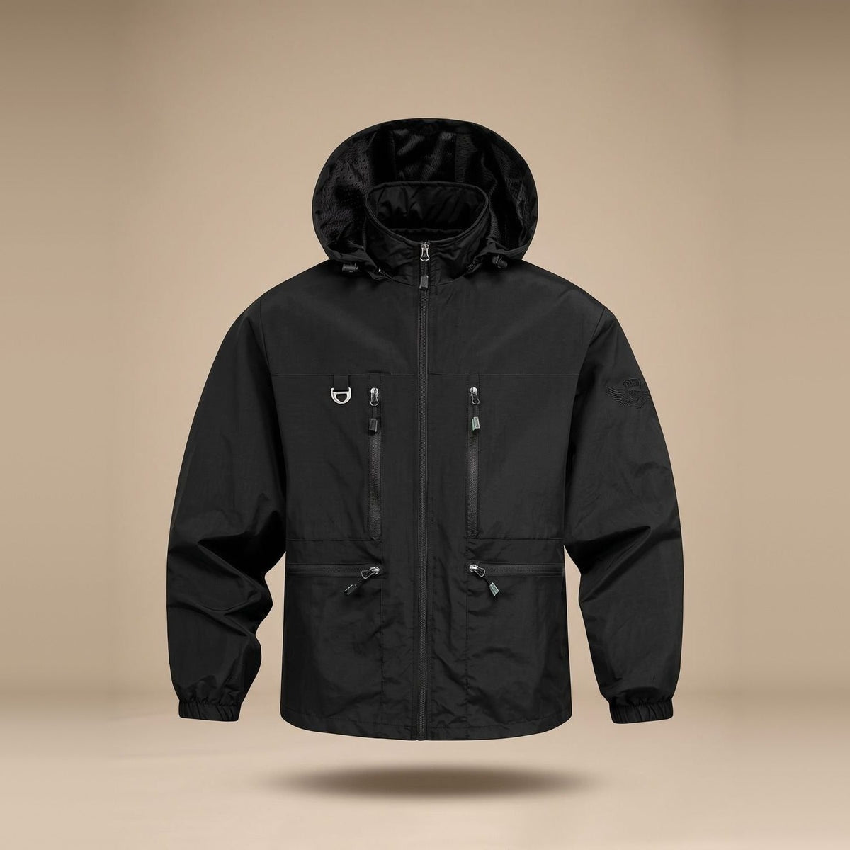 Black hooded waterproof jacket with multiple zip pockets, shown floating unworn | Chaps London
