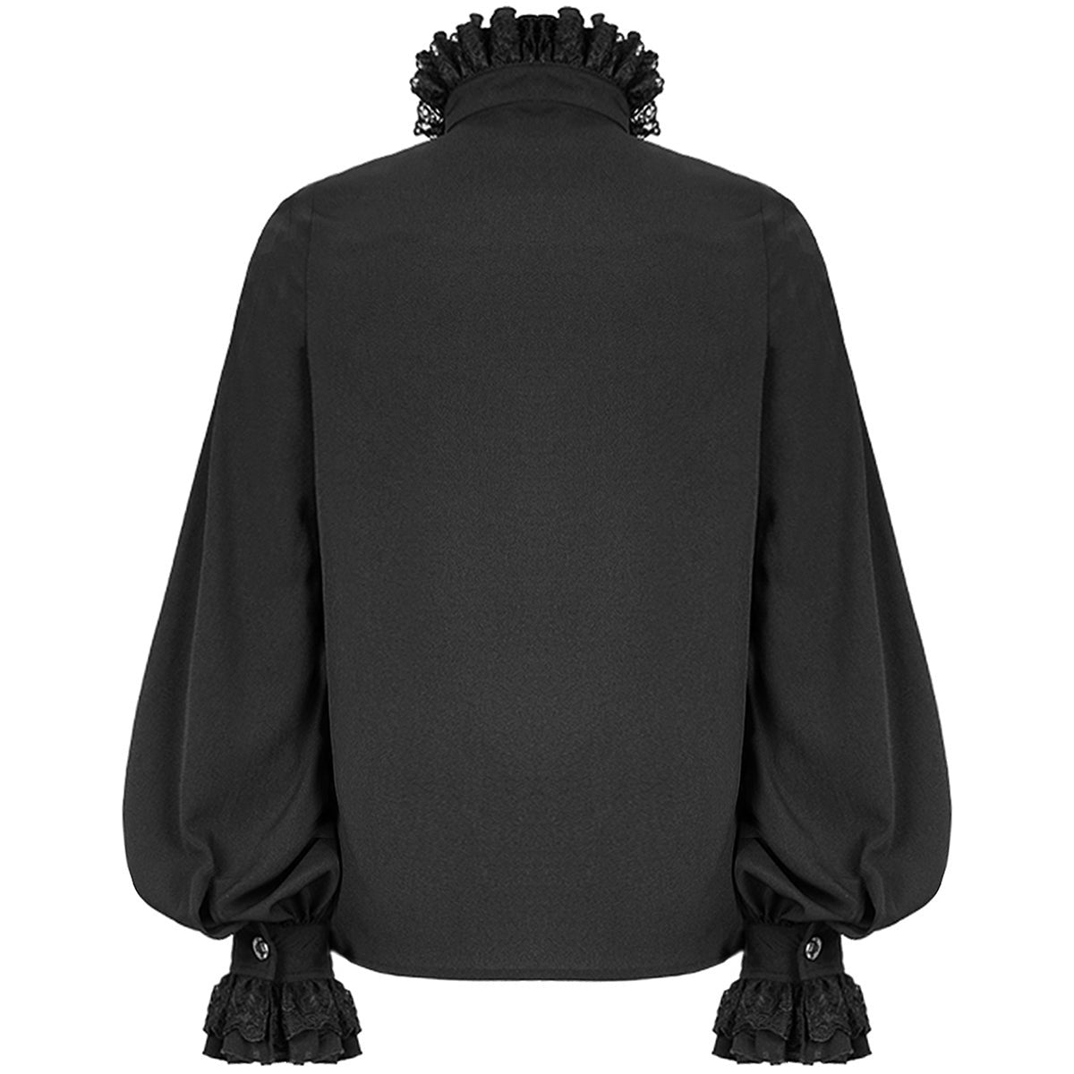 Black gothic shirt with ruffled collar and billowy sleeves, worn, back view | Chaps London