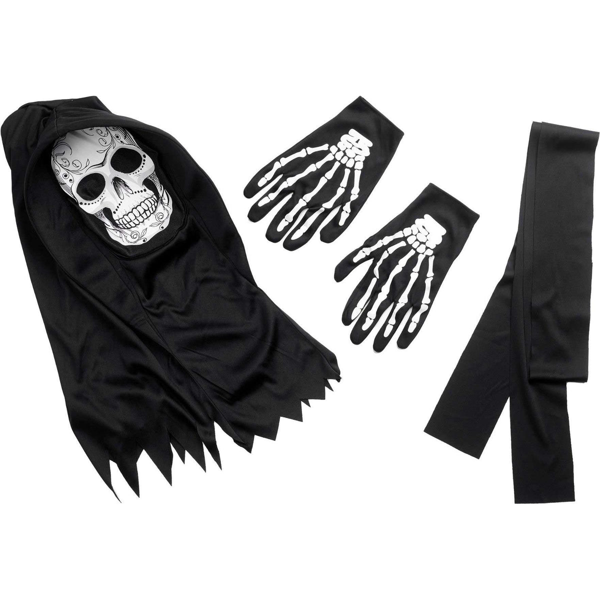 Black hooded robe with skull mask, skeleton gloves, and belt, laid flat | Chaps London