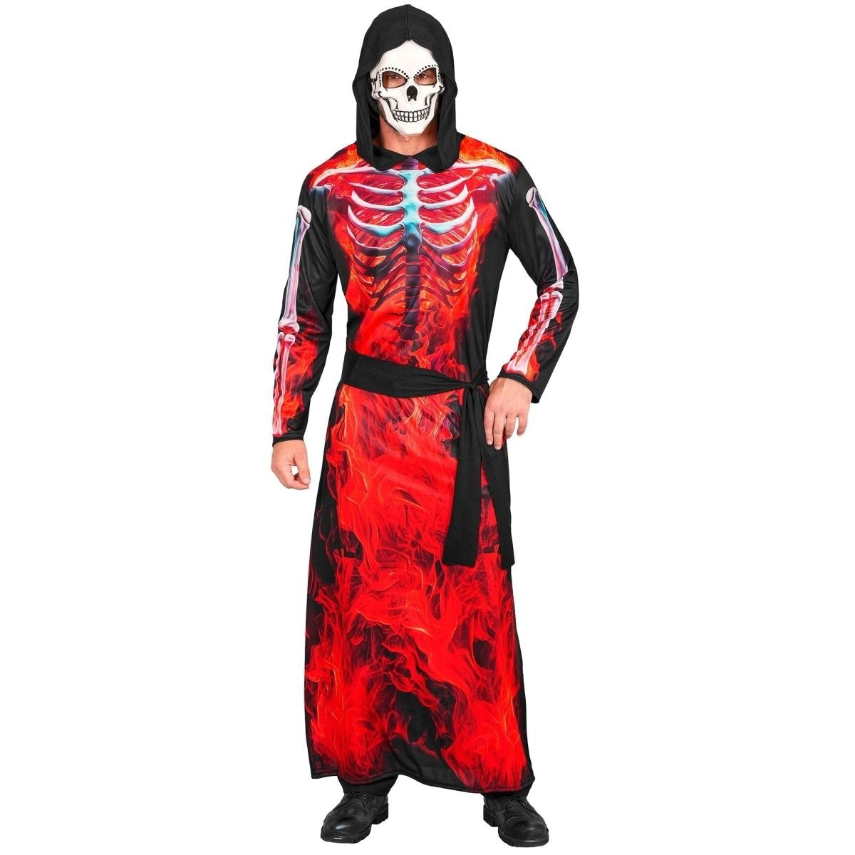 Man wearing red flame skeleton print robe with hood and skull mask | Chaps London