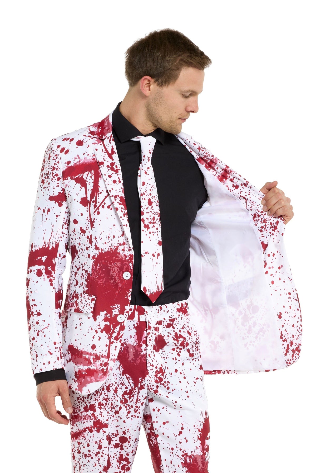Man wearing white blood splatter suit jacket, trousers and black tie | Chaps London