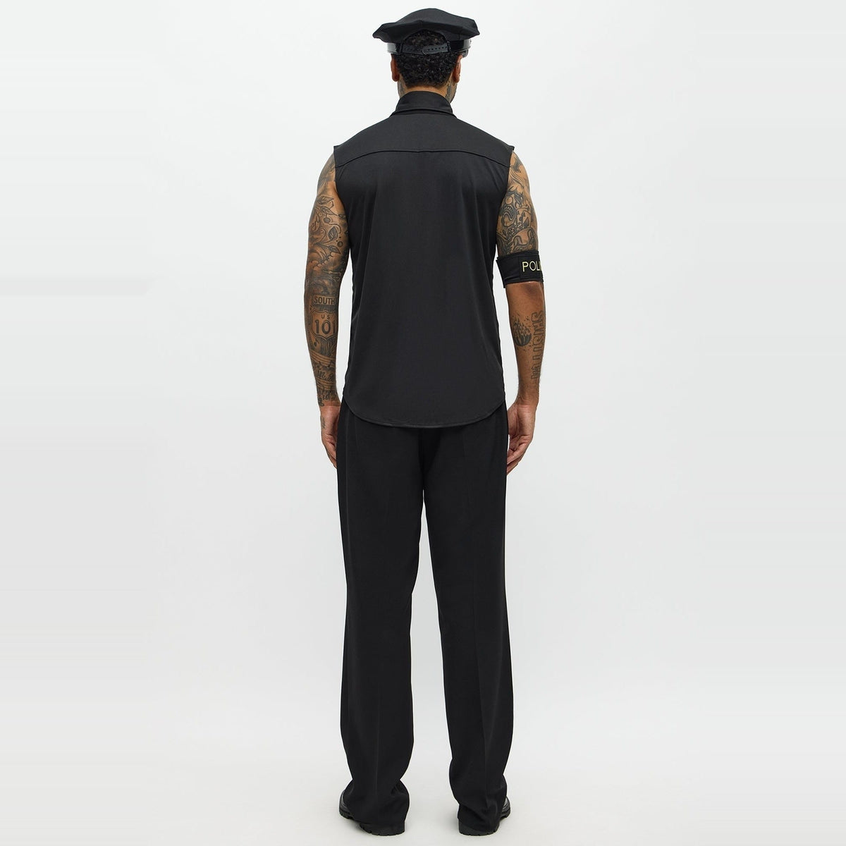 Man wearing black sleeveless shirt, pants, and police cap, rear view | Chaps London
