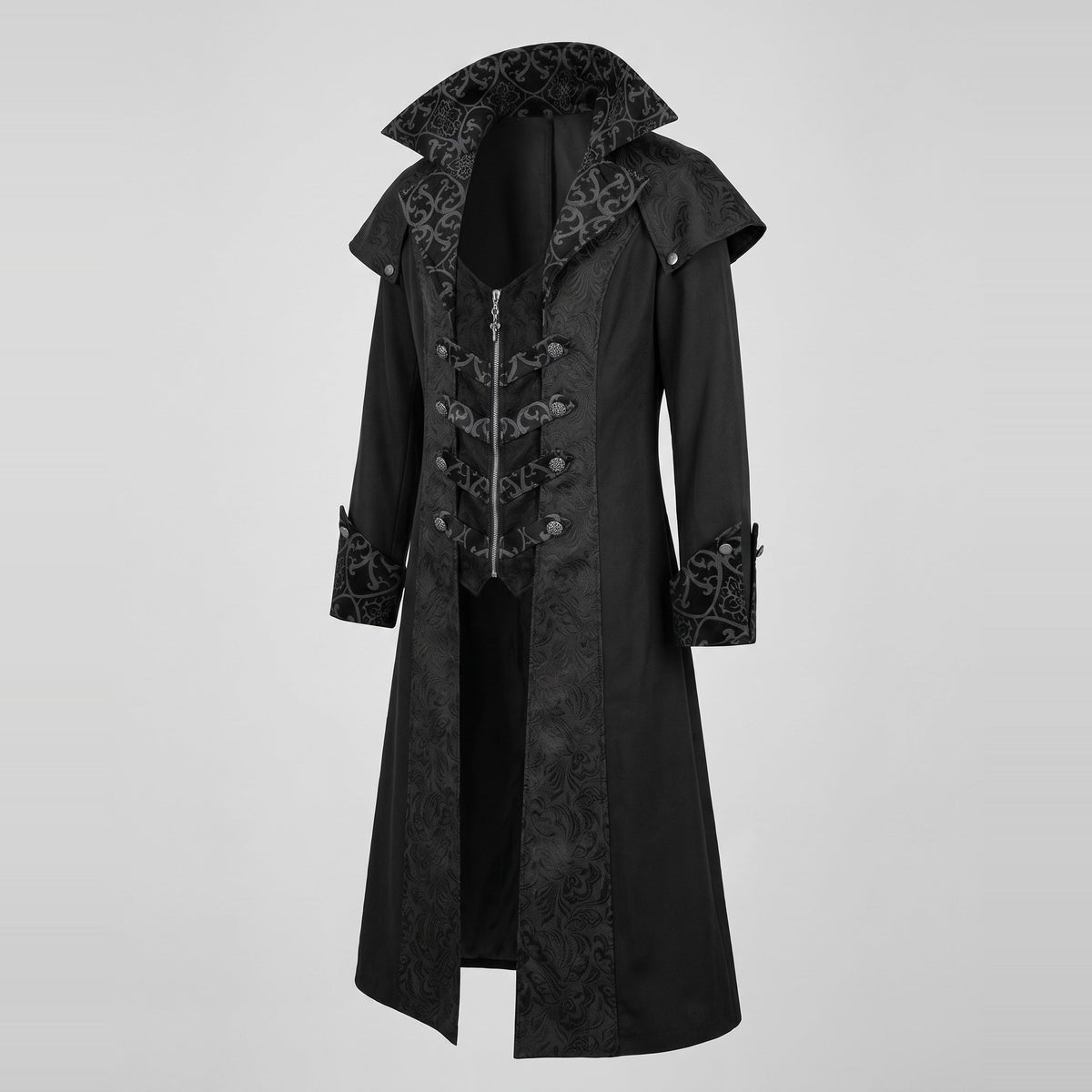 Black gothic long coat with high collar, brocade pattern, mannequin display | Chaps London