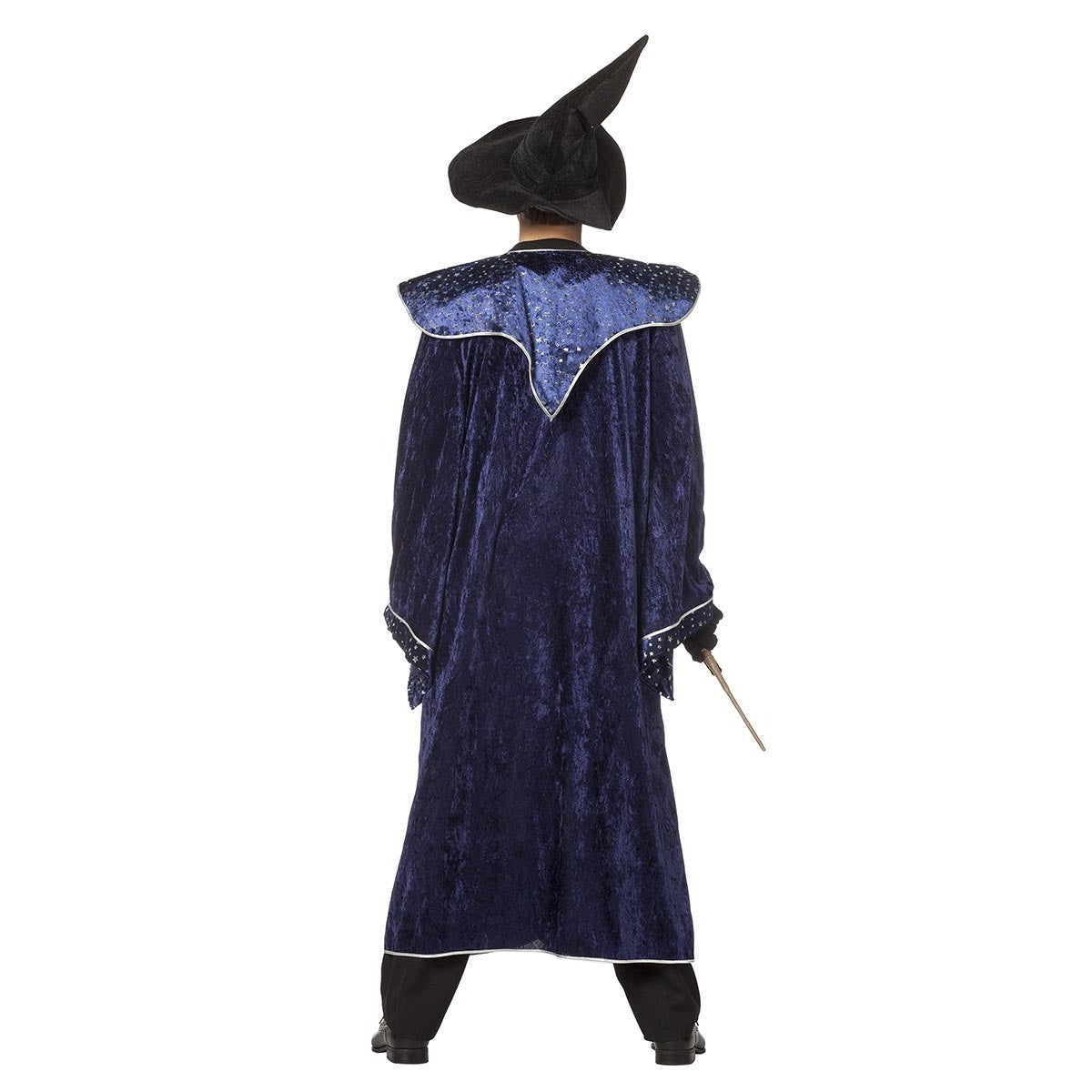 Blue velvet wizard robe with star print collar, worn by person with hat | Chaps London