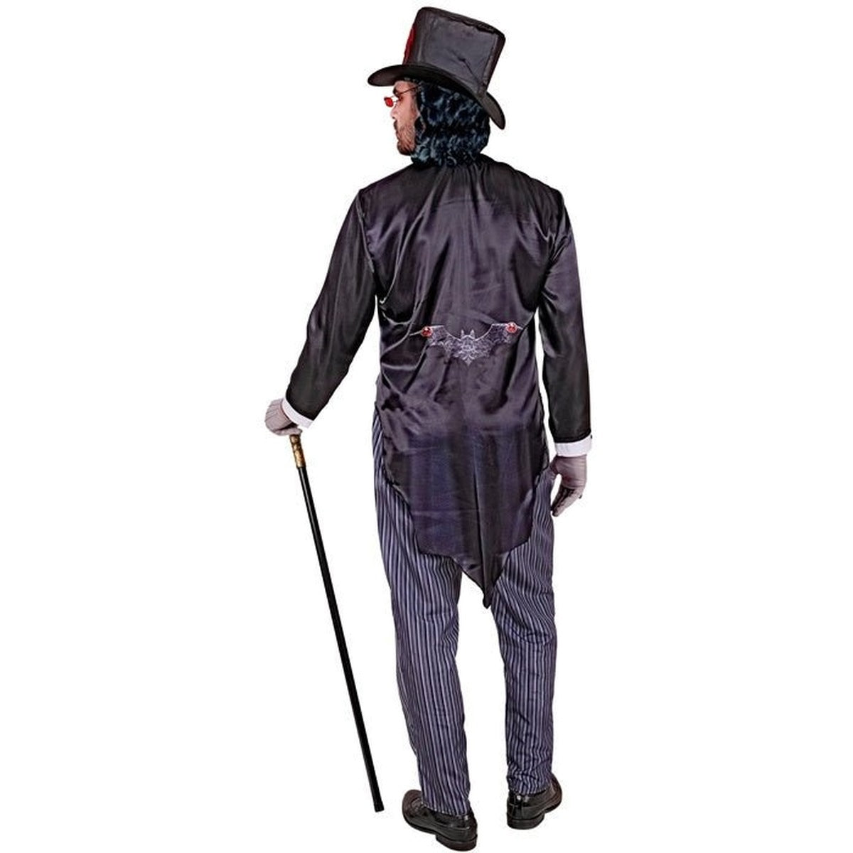 Man wearing black tailcoat costume, top hat, and pinstripe trousers, holding cane | Chaps London