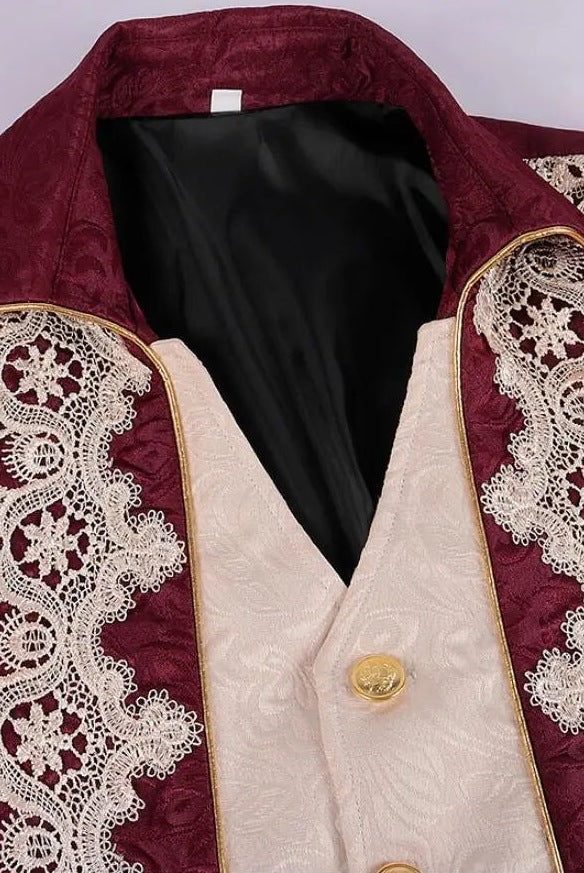 Burgundy jacquard coat with cream lace trim and gold buttons, close-up | Chaps London
