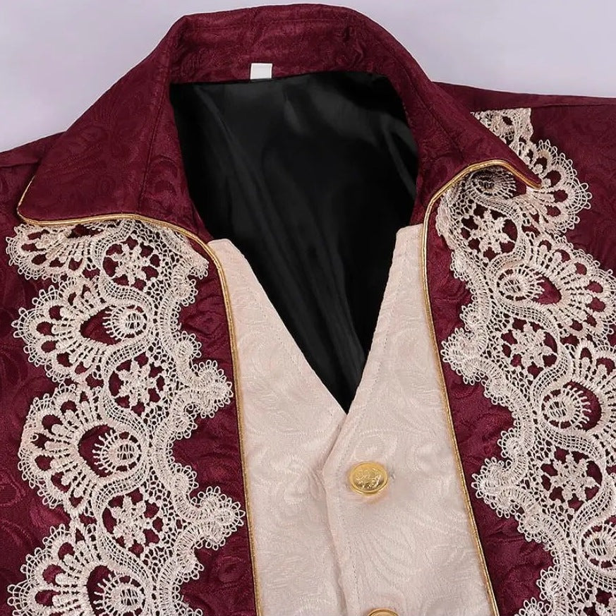 Burgundy jacquard coat with cream lace trim and gold buttons, close-up | Chaps London