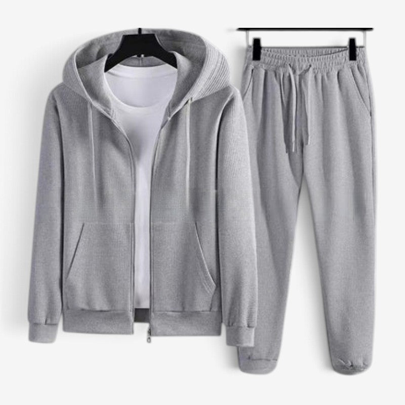 Gray waffle-knit zip hoodie and matching joggers, flat lay display | Chaps London