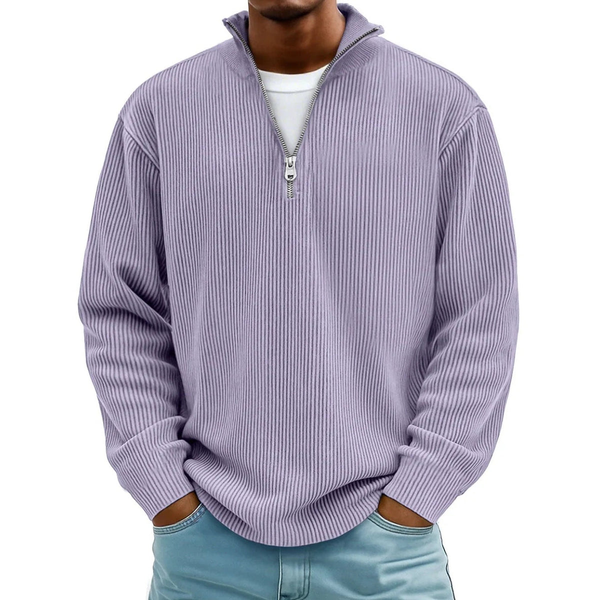 Man wearing lavender ribbed knit half-zip jumper with high collar, worn casually | Chaps London