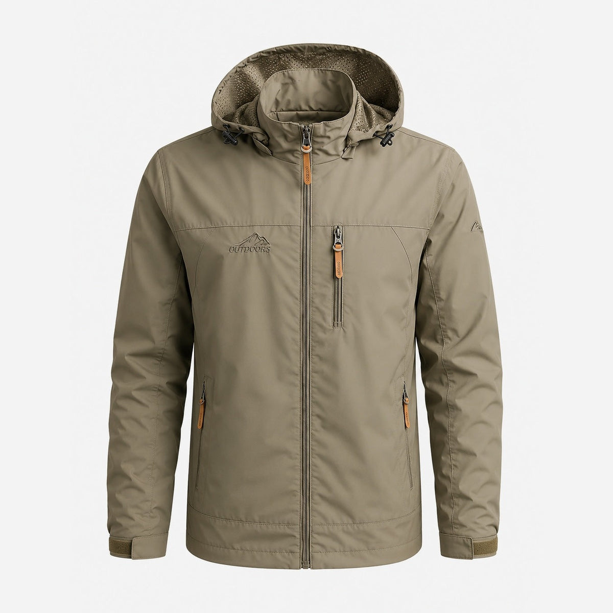 Olive green hooded windbreaker jacket with zip pockets, worn by man | Chaps London