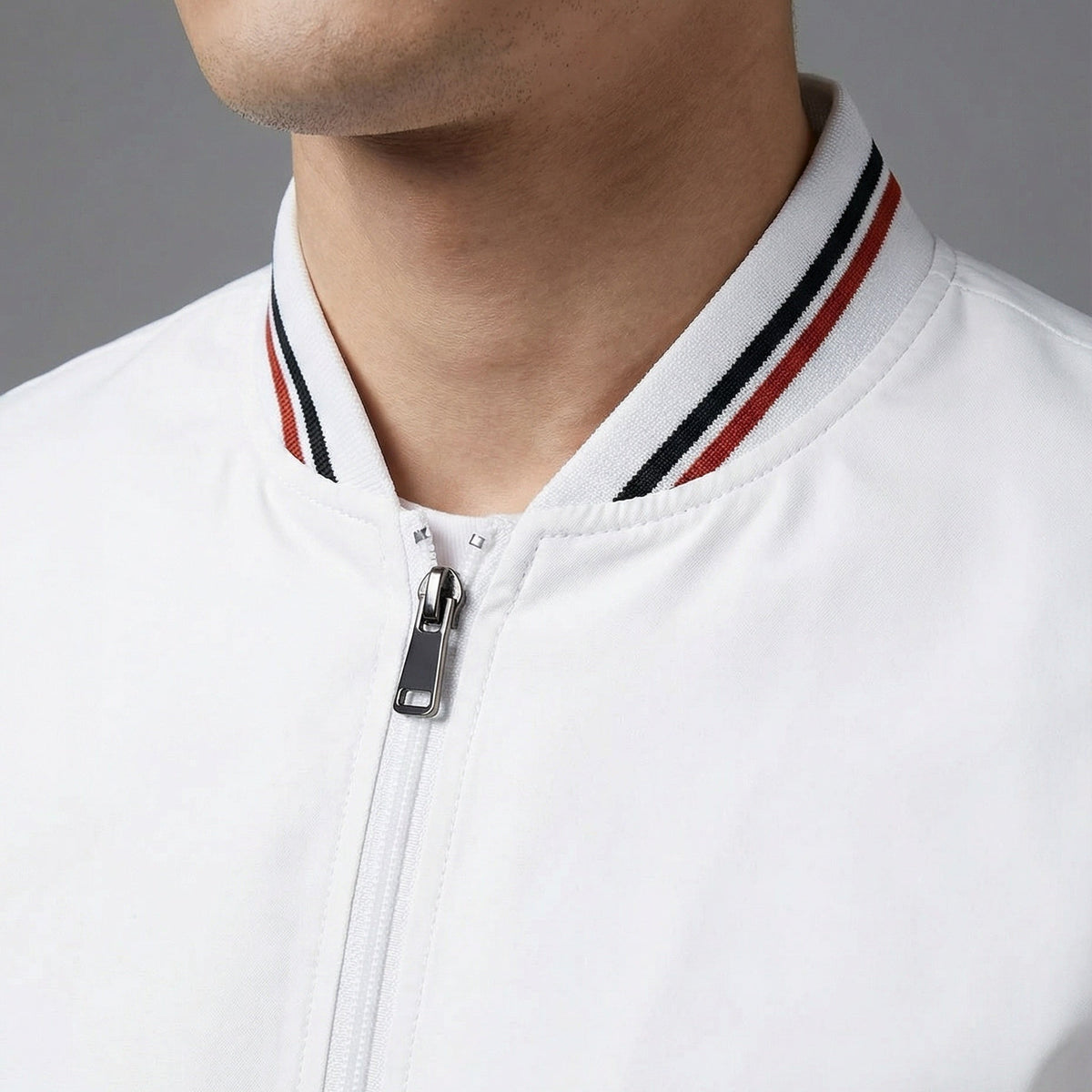 Men's Bomber Jacket | Striped Rib Trim | Stand Collar | Water Repellent