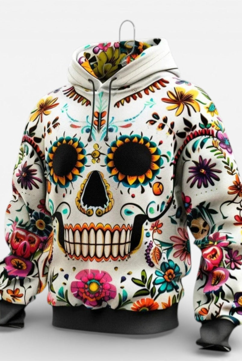 White hoodie with colorful sugar skull and floral print design, on mannequin | Chaps London