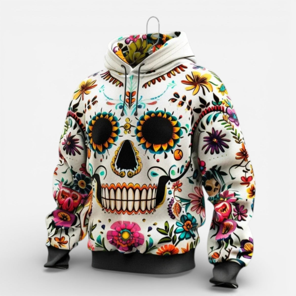 White hoodie with colorful sugar skull and floral print design, on mannequin | Chaps London