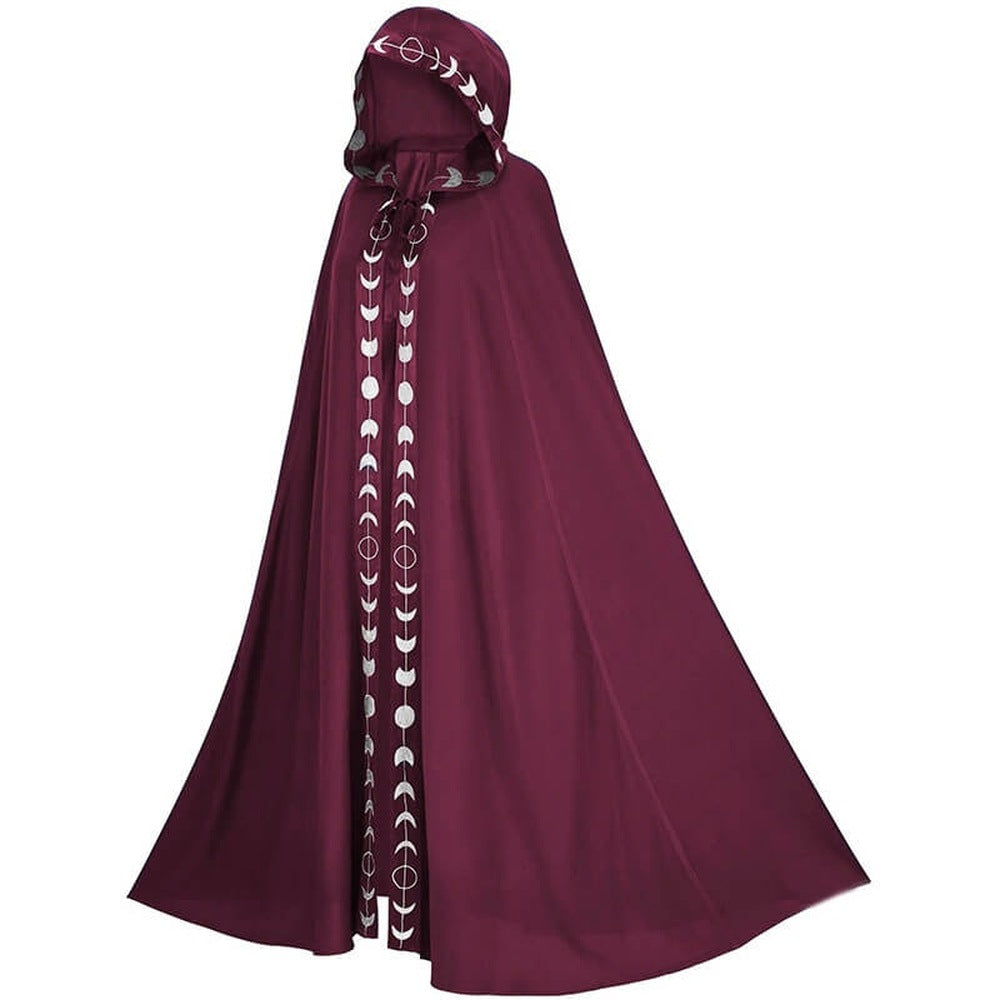 Burgundy hooded cloak with silver moon phase trim, worn by model, side view | Chaps London