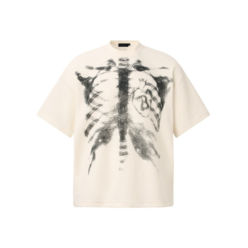 Cream oversized t-shirt with skeleton ribcage print, shown flat | Chaps London