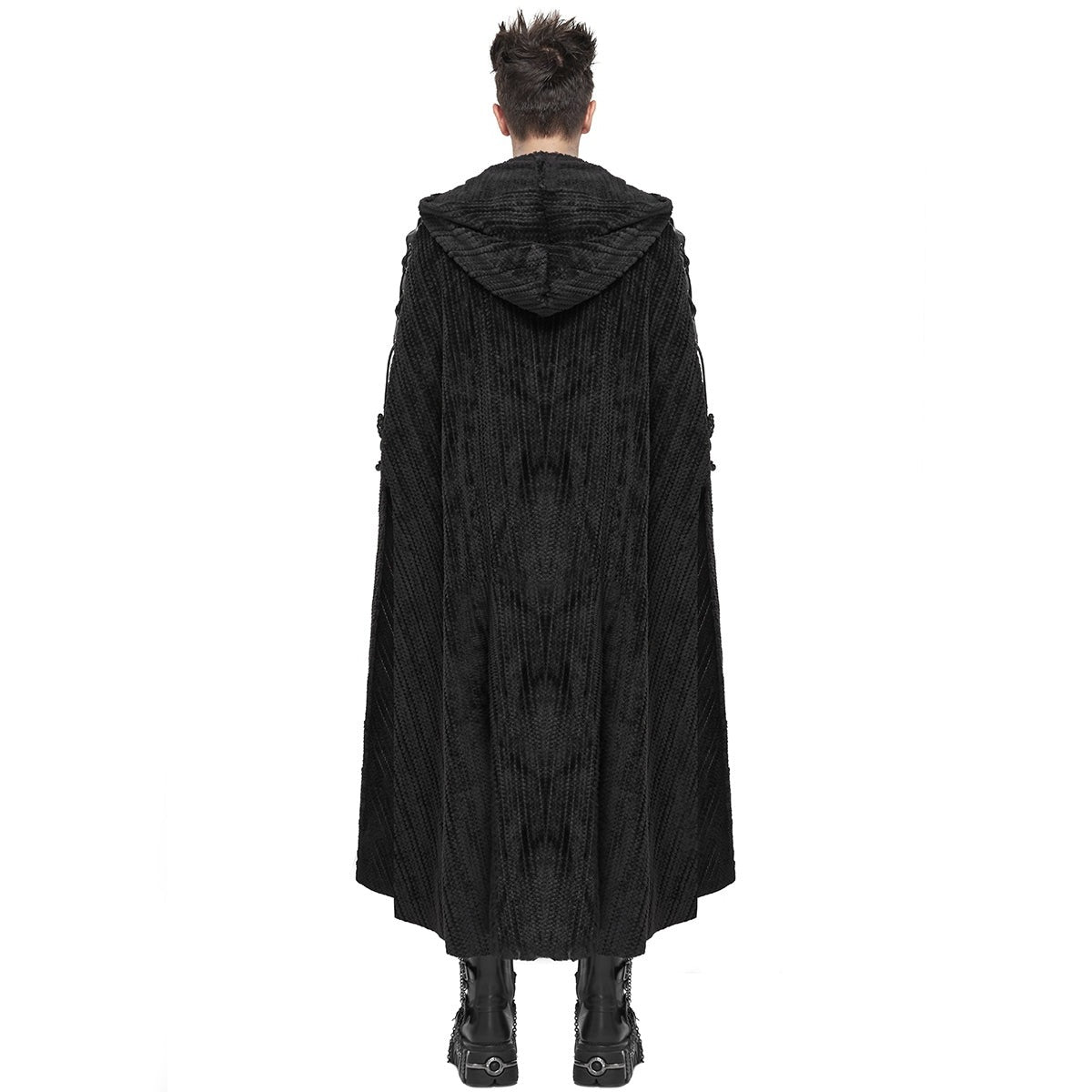 Black hooded cloak with textured pattern, worn by man, back view | Chaps London