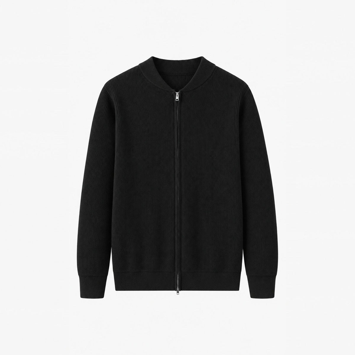 Black ribbed knit zip cardigan with stand collar, laid flat | Chaps London