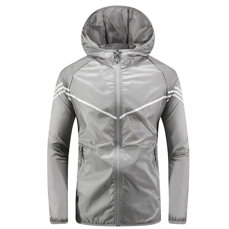 Gray hooded zip-up jacket with white stripes, displayed flat | Chaps London