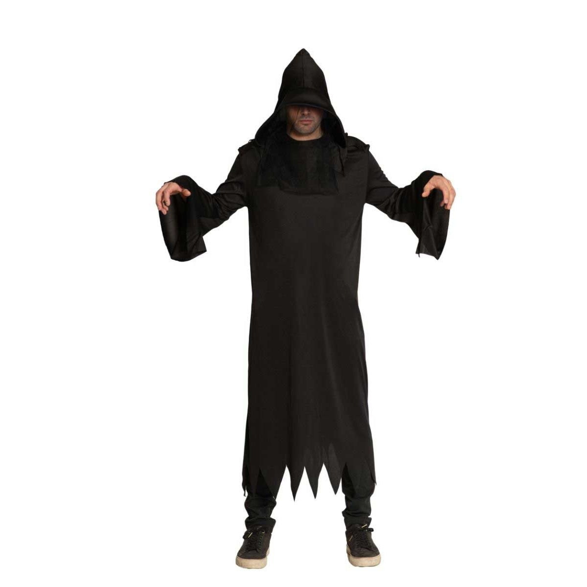 Black hooded grim reaper robe with jagged hem worn by model | Chaps London