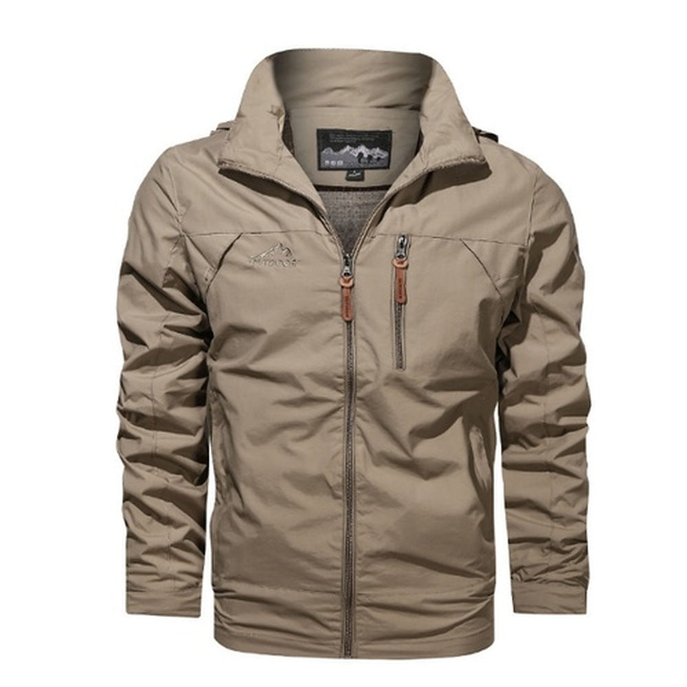 Khaki zippered jacket with stand collar, hidden hood, shown flat on background | Chaps London