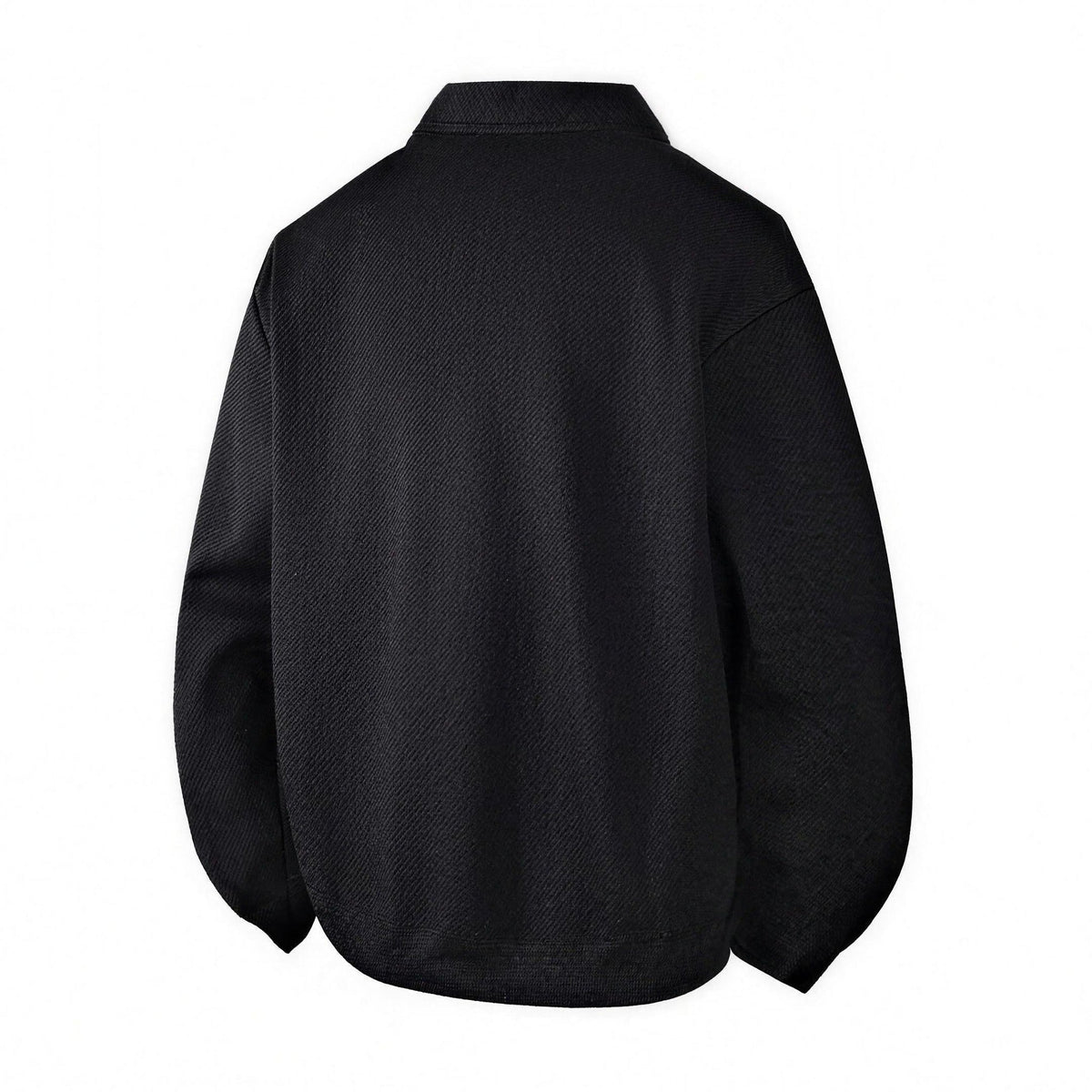Black textured jersey cardigan jacket with collar, shown flat, back view | Chaps London