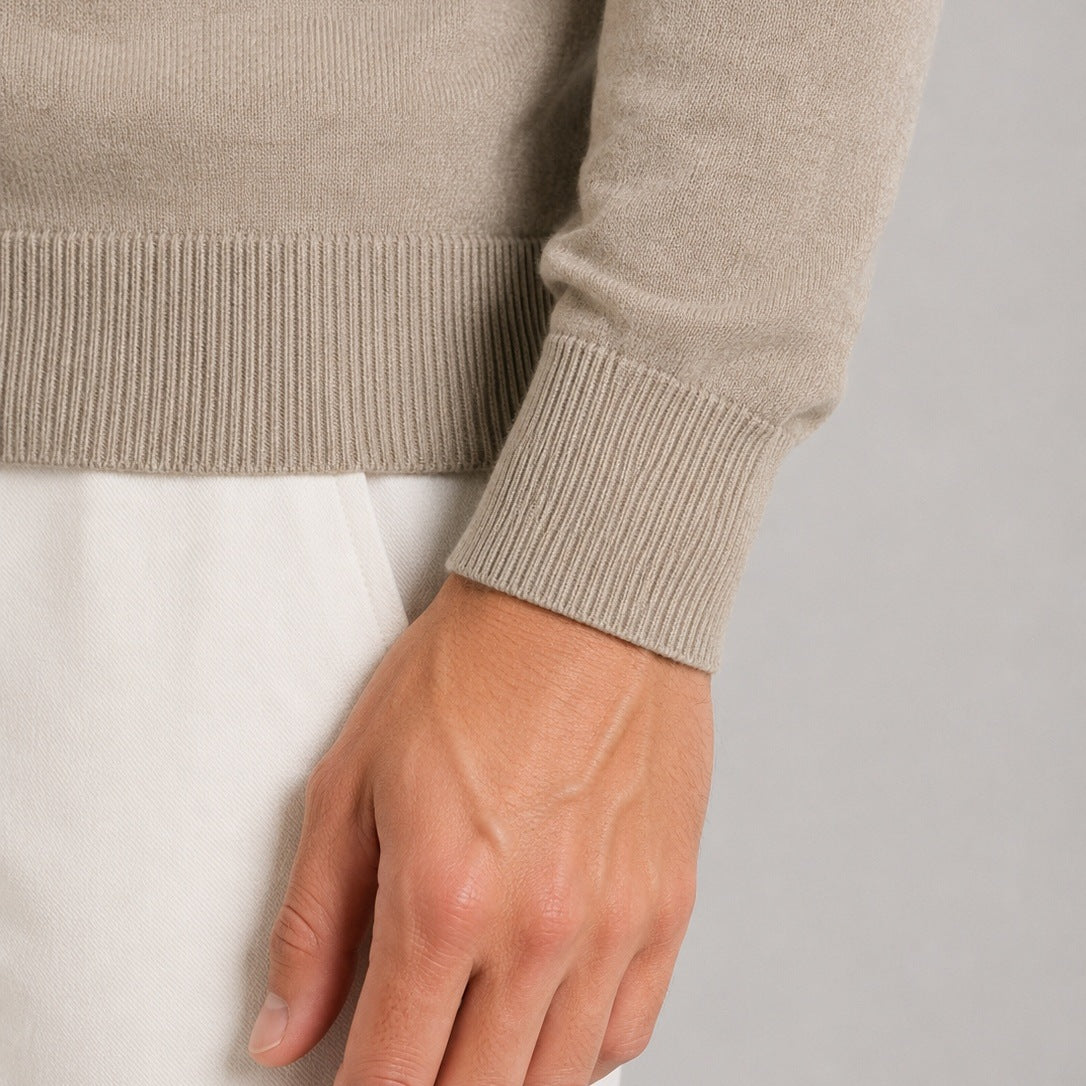 Beige fine knit sweater cuff detail, worn by person, close-up view | Chaps London