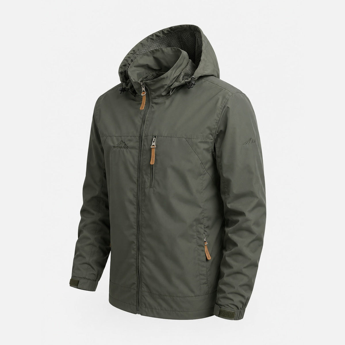 Olive green hooded windbreaker jacket with zip pockets, shown on mannequin form | Chaps London