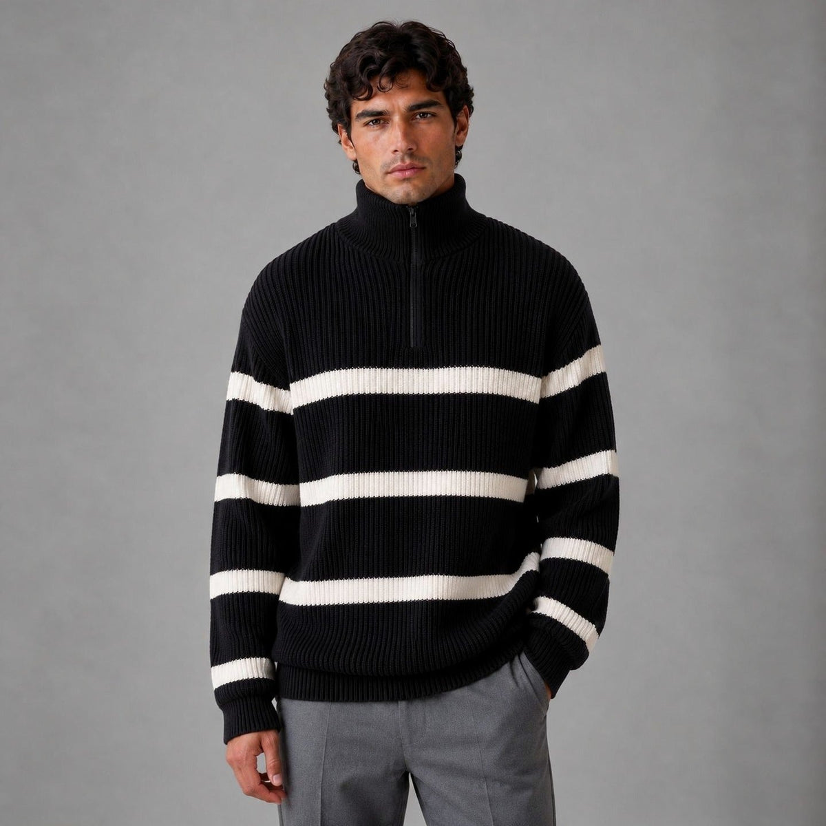 Man wearing black and white striped half-zip ribbed knit jumper | Chaps London