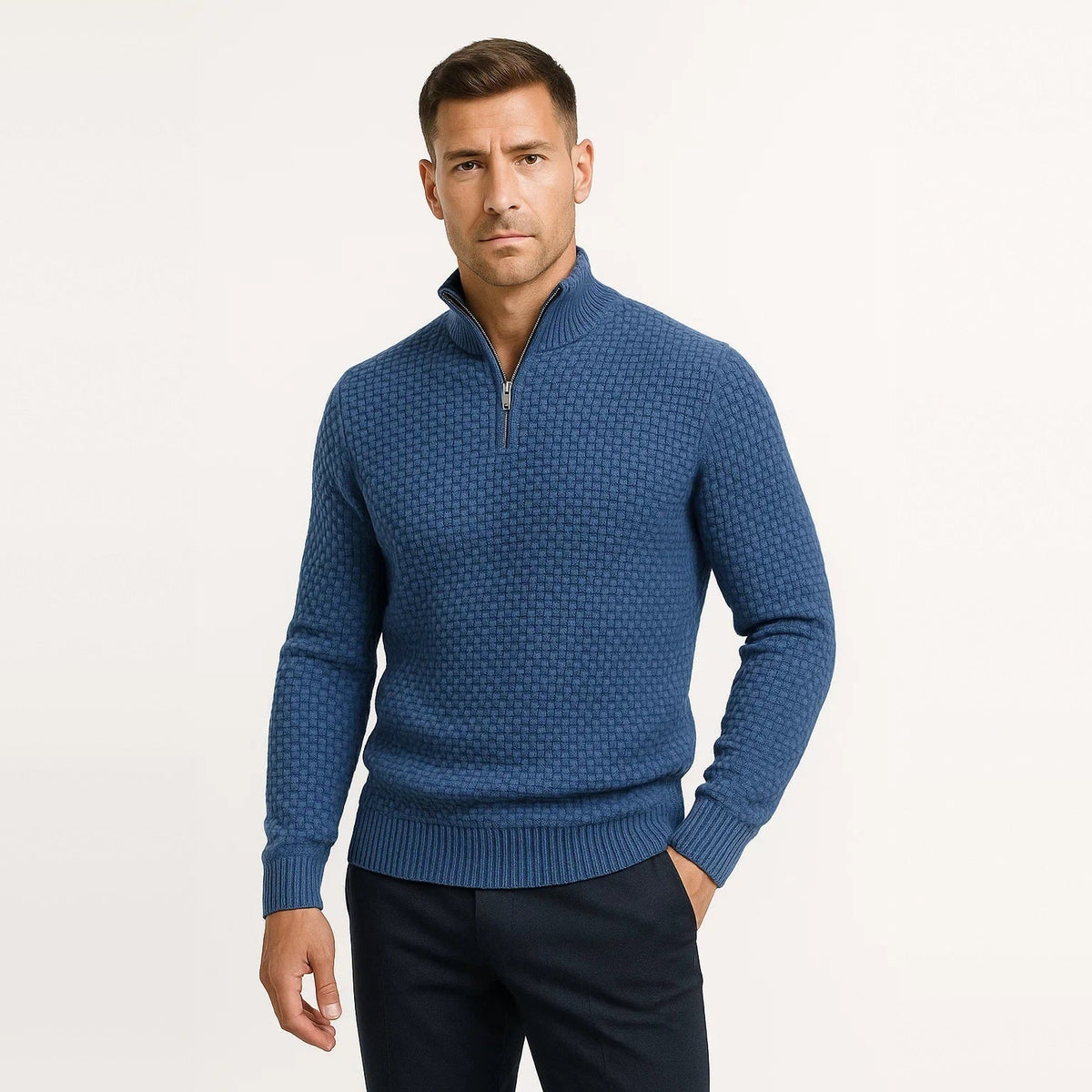 Man wearing blue waffle knit quarter zip jumper with navy trousers | Chaps London
