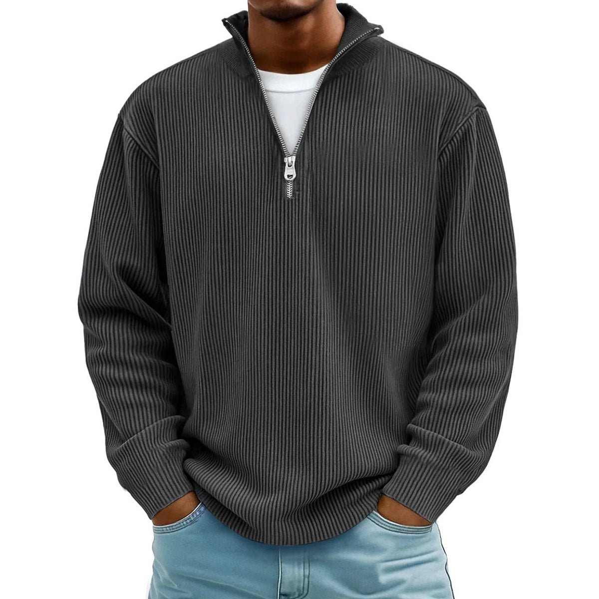 Man wearing dark grey ribbed knit half zip jumper, hands in pockets | Chaps London