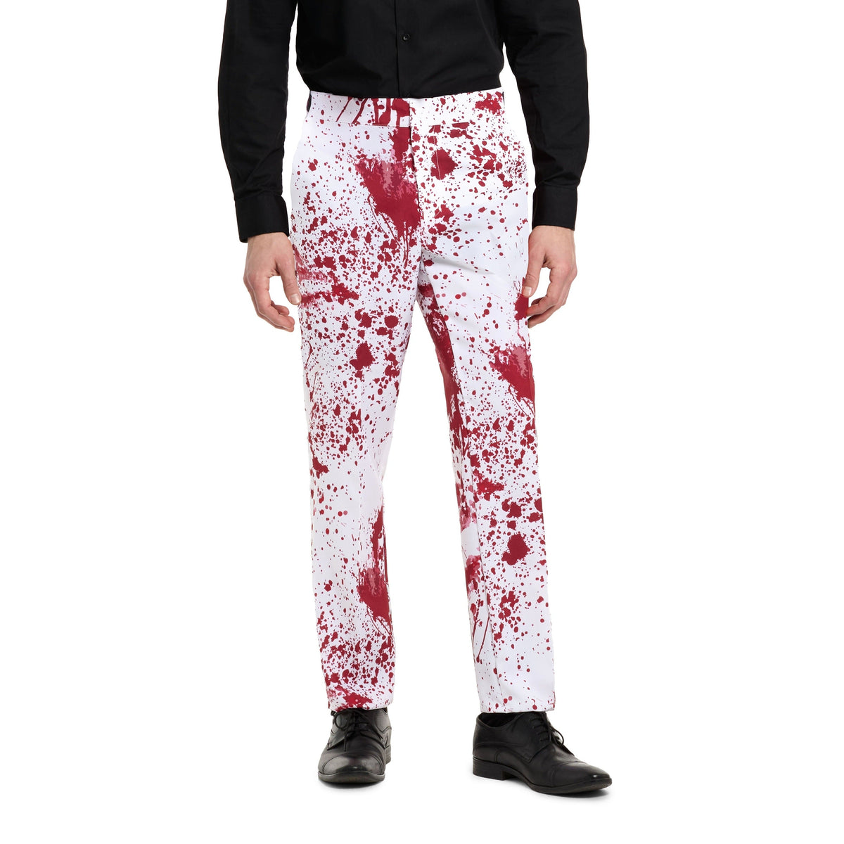 White trousers with red blood splatter pattern, worn by a person | Chaps London