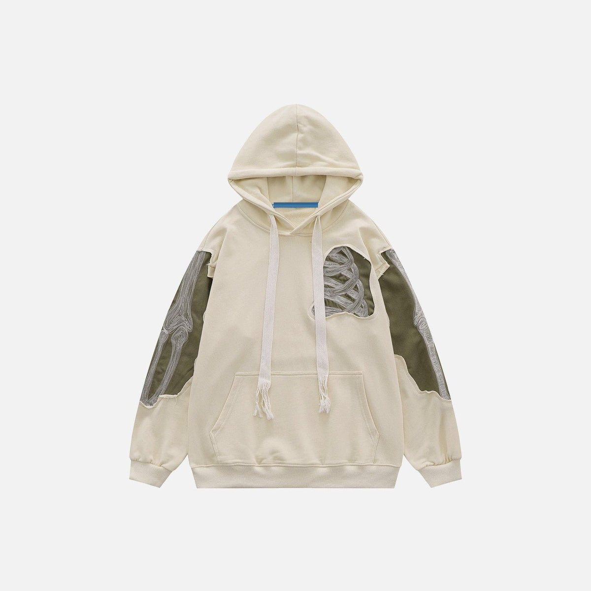 Cream hoodie with embroidered skeletal patchwork design, shown flat on display | Chaps London