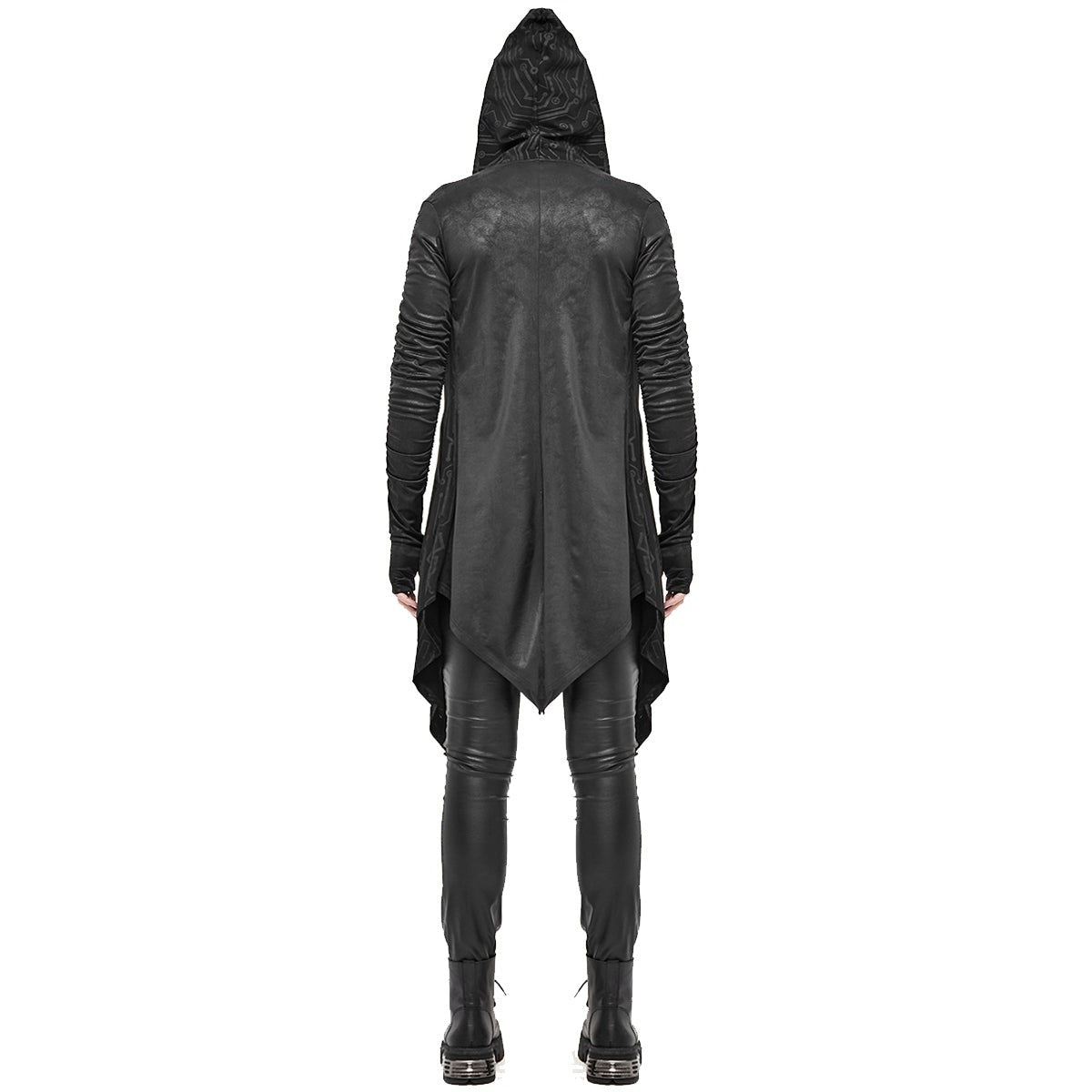Black hooded cardigan with textured print worn by man, rear view | Chaps London