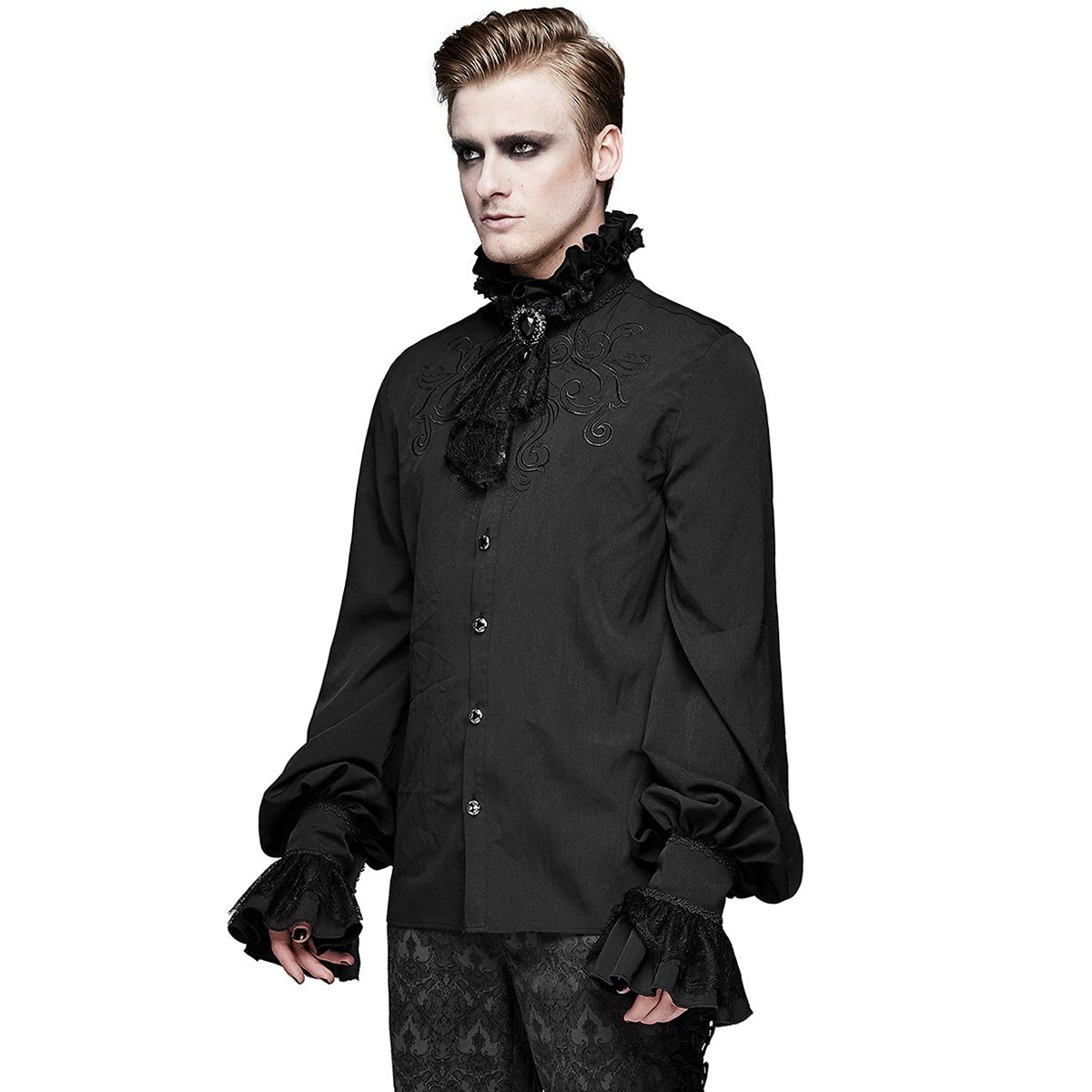 Black gothic shirt with embroidered detail and lace cravat, worn by man | Chaps London
