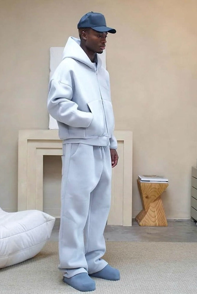 Man wearing light blue oversized zip hoodie and matching jogger sweatpants | Chaps London