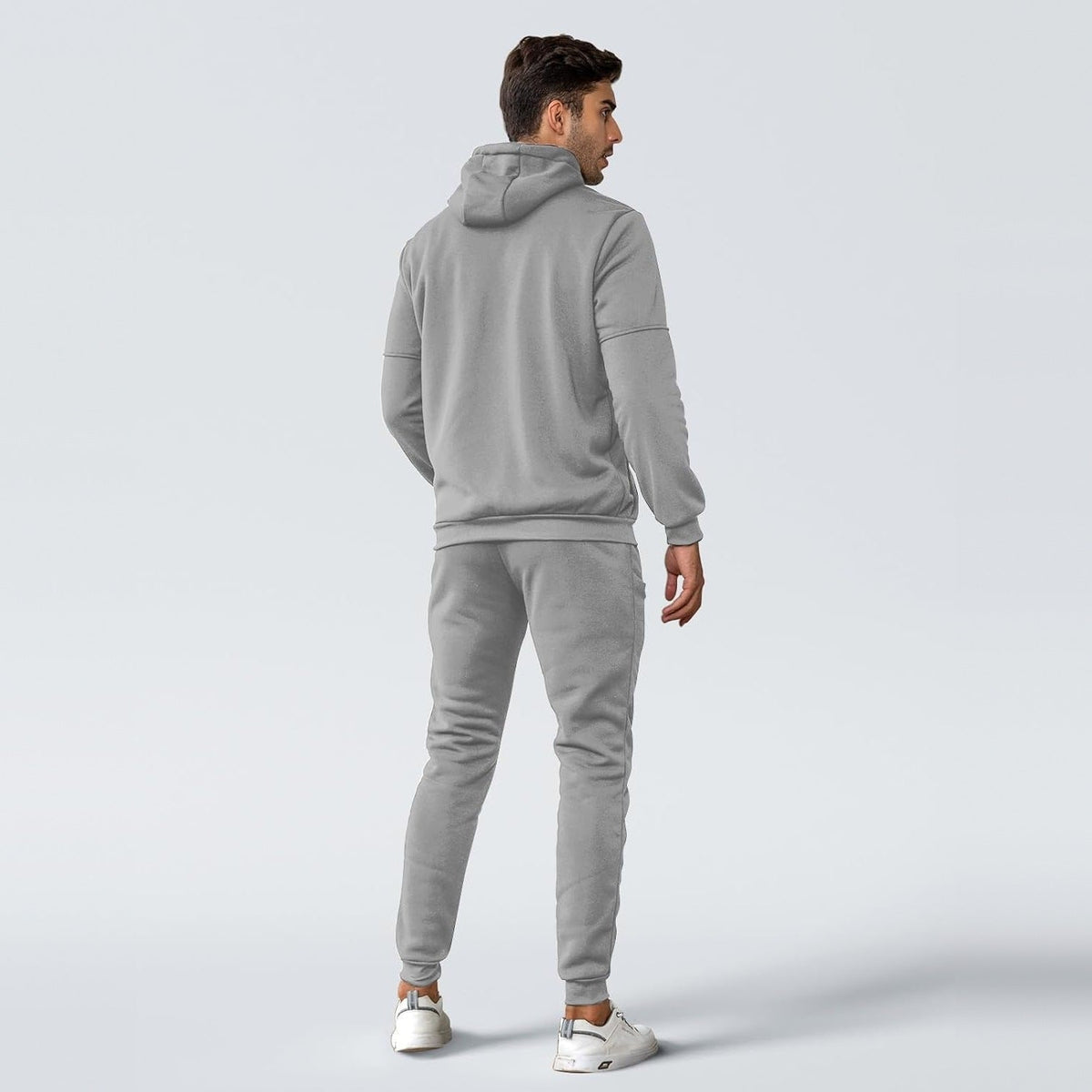 Man wearing gray zip hoodie and matching joggers, rear view | Chaps London