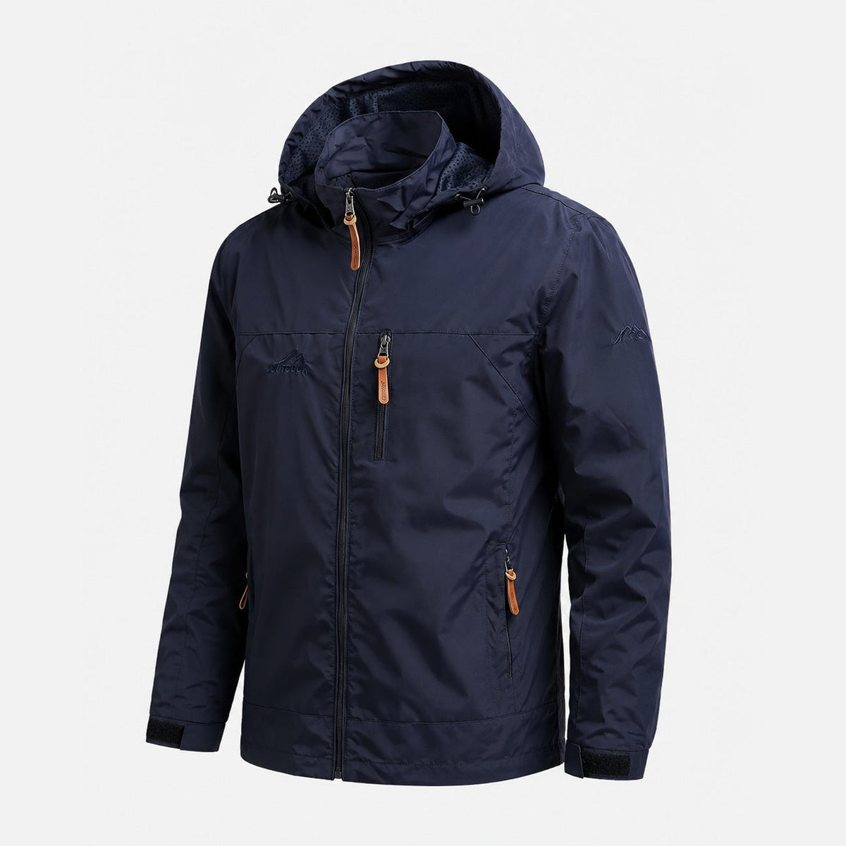 Navy blue hooded windbreaker jacket with zip pockets, shown on mannequin | Chaps London
