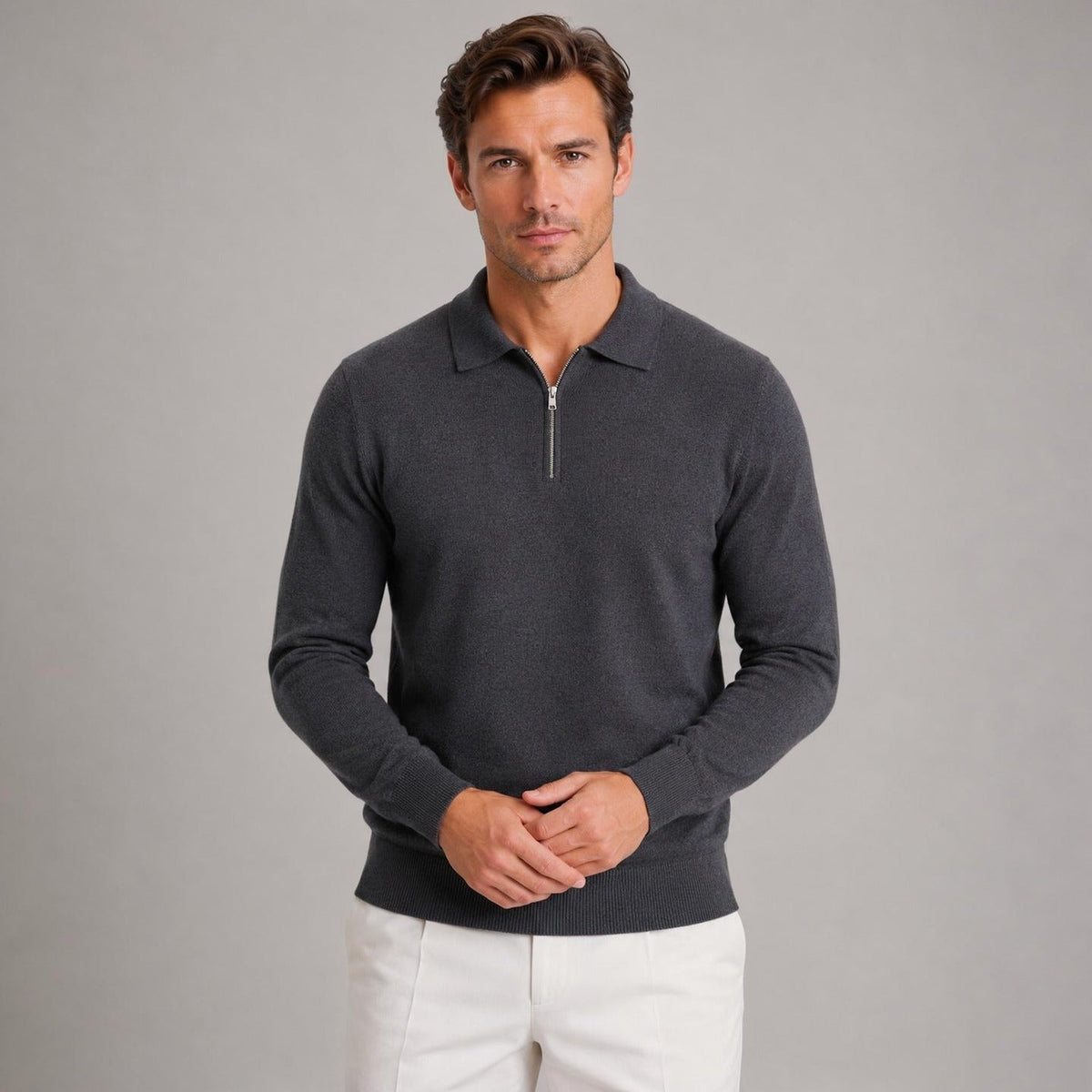 Man wearing charcoal grey quarter zip knit polo jumper, long sleeves | Chaps London