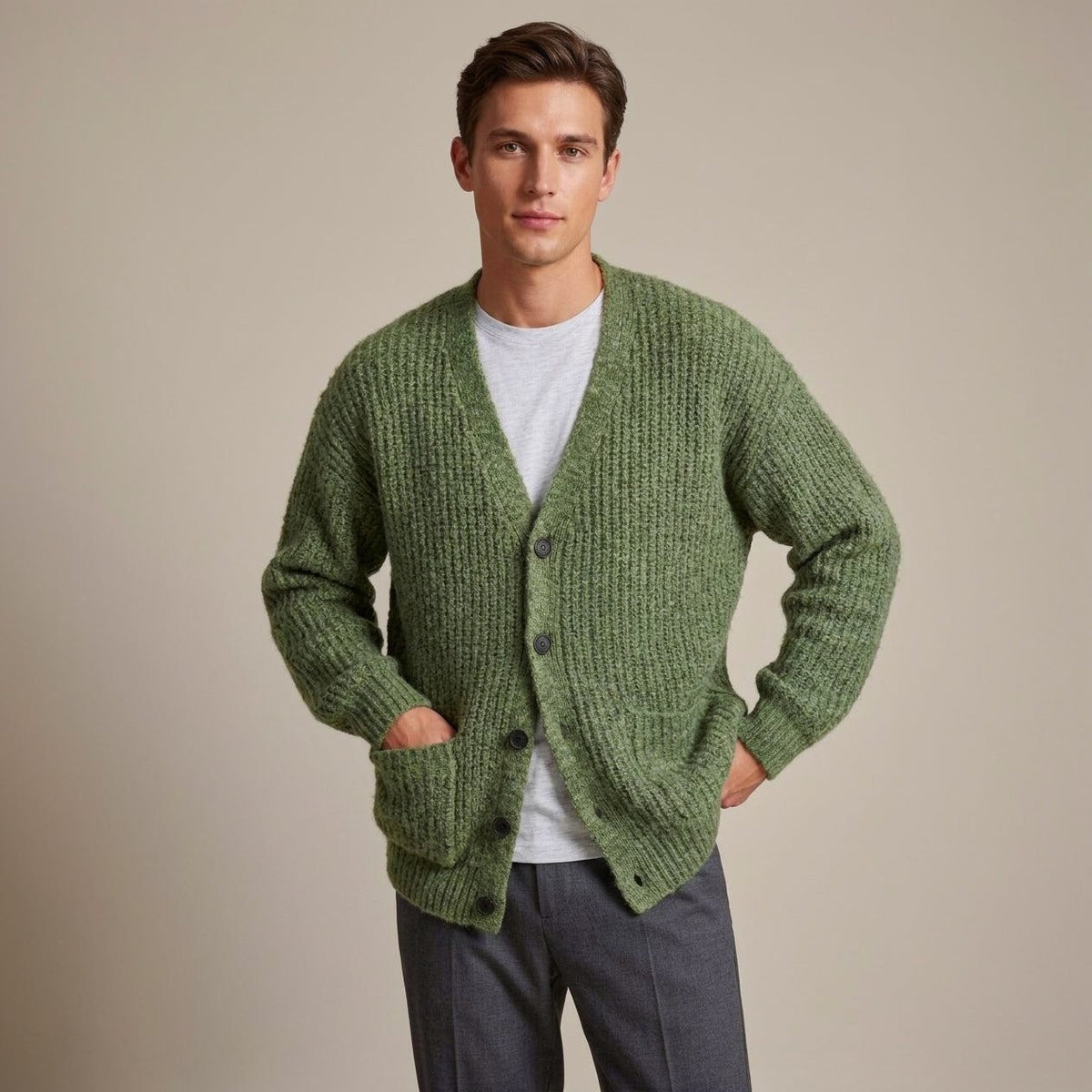 Man wearing green ribbed knit chunky cardigan with white t-shirt and gray pants | Chaps London