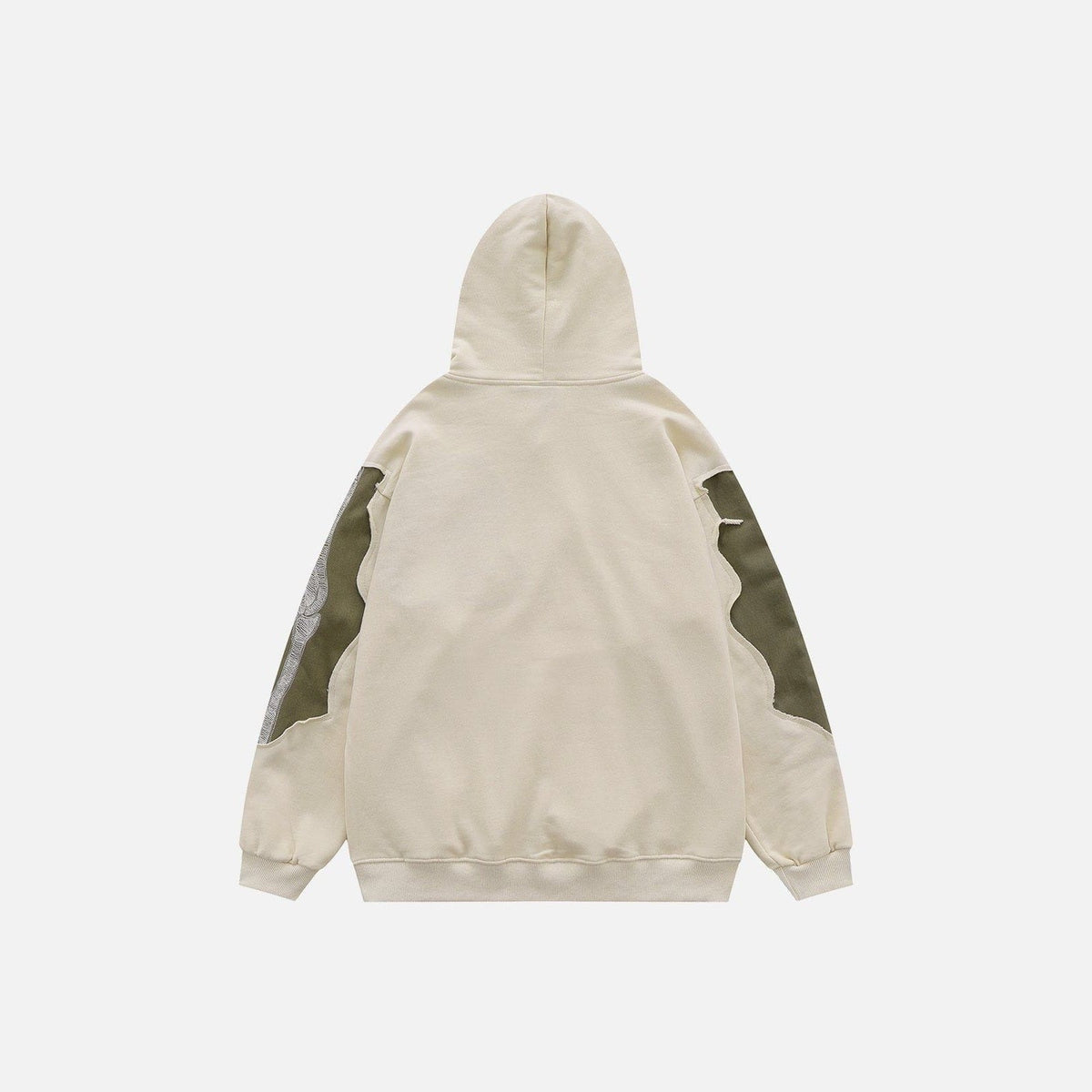 Beige hoodie with olive patchwork panels, back view, laid flat | Chaps London
