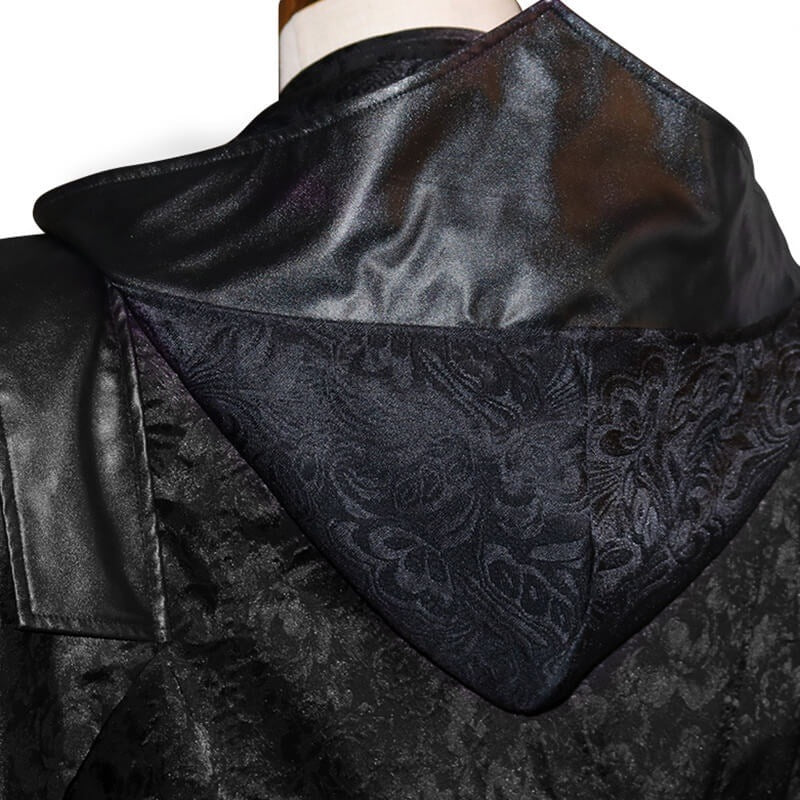 Black jacquard hooded coat with shoulder cape, shown on mannequin | Chaps London